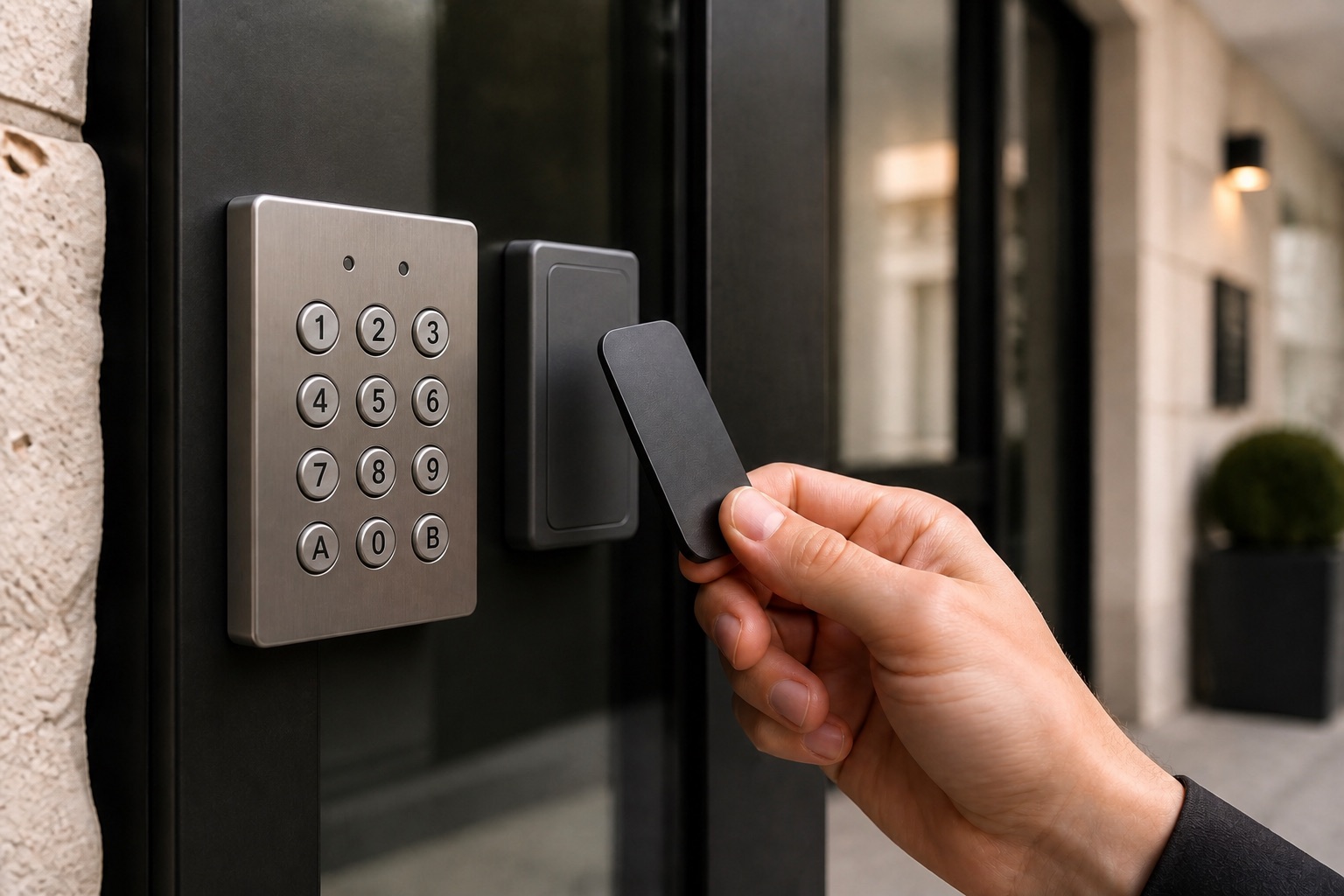 Digicode gris métallique et lecteur de badge Vigik pour entrée d'immeuble