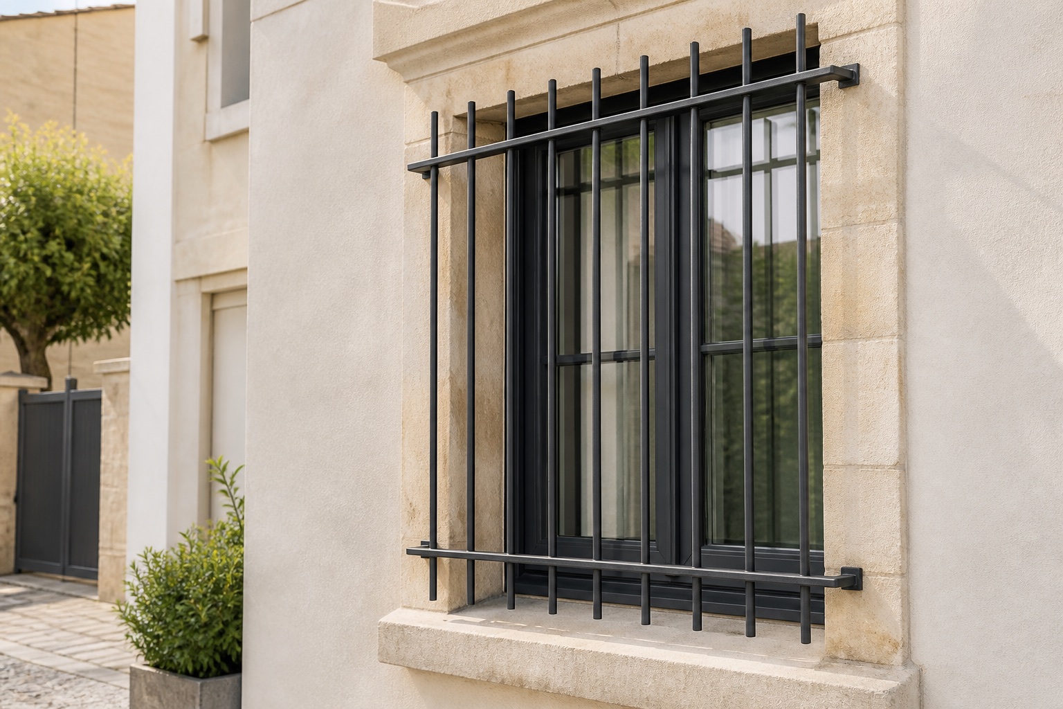 Grille de défense contemporaine en acier posée devant une fenêtre de rez-de-chaussée