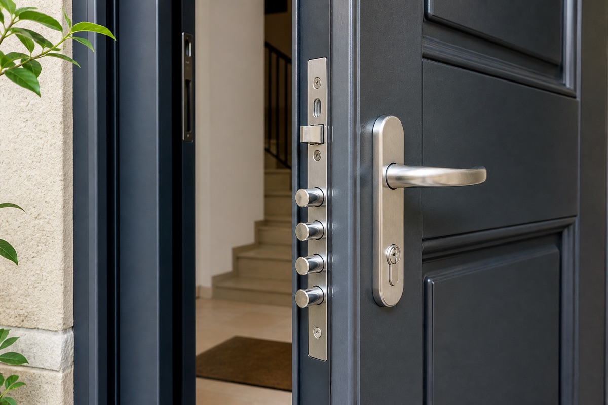 Serrure multipoints installée sur une porte d'entrée renforcée